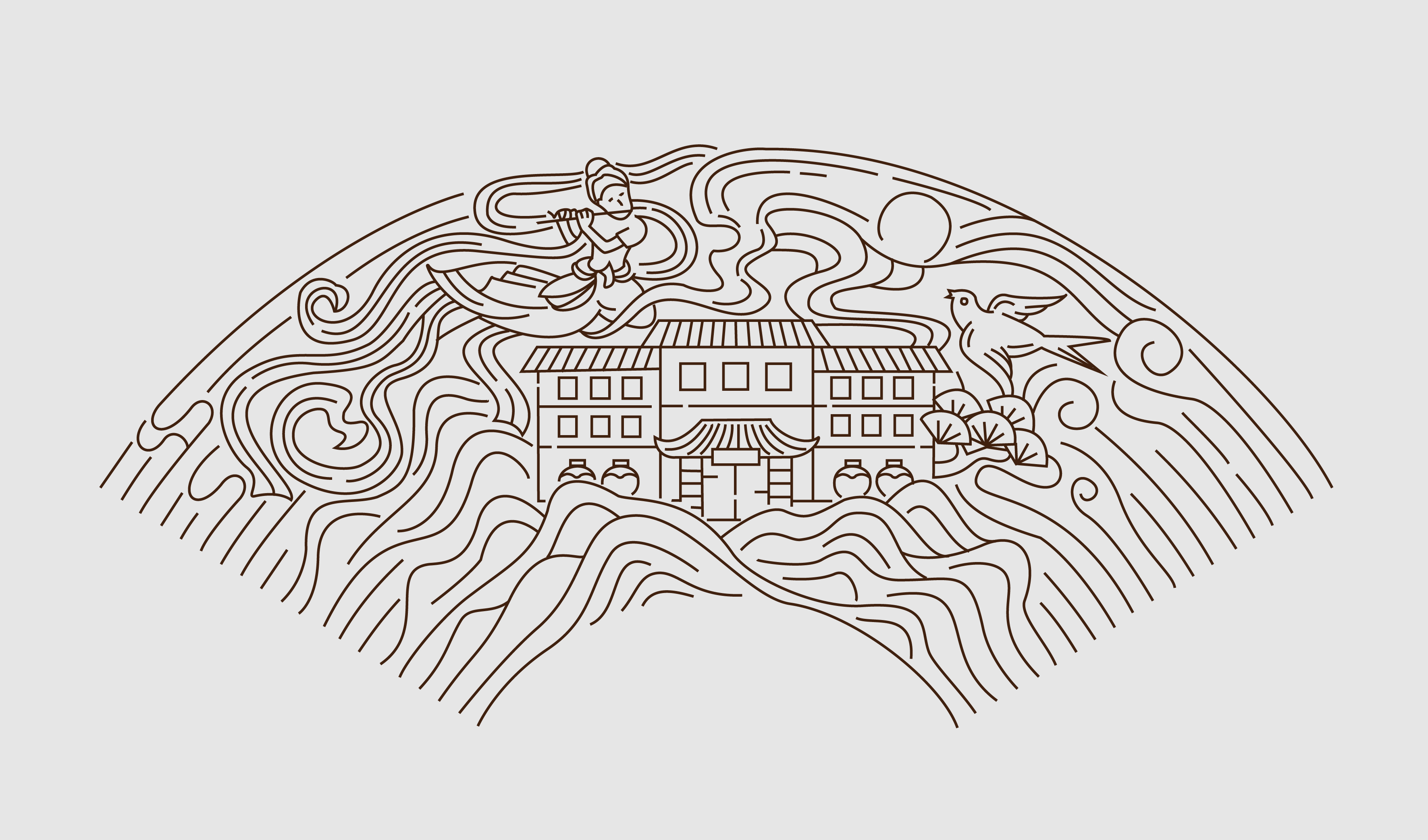 扇形飞天神女茅台镇建筑线稿矢量图